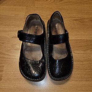 Alegria Leather Mary Jane Paloma Embossed Black Clog Mule Shoes Size 9
